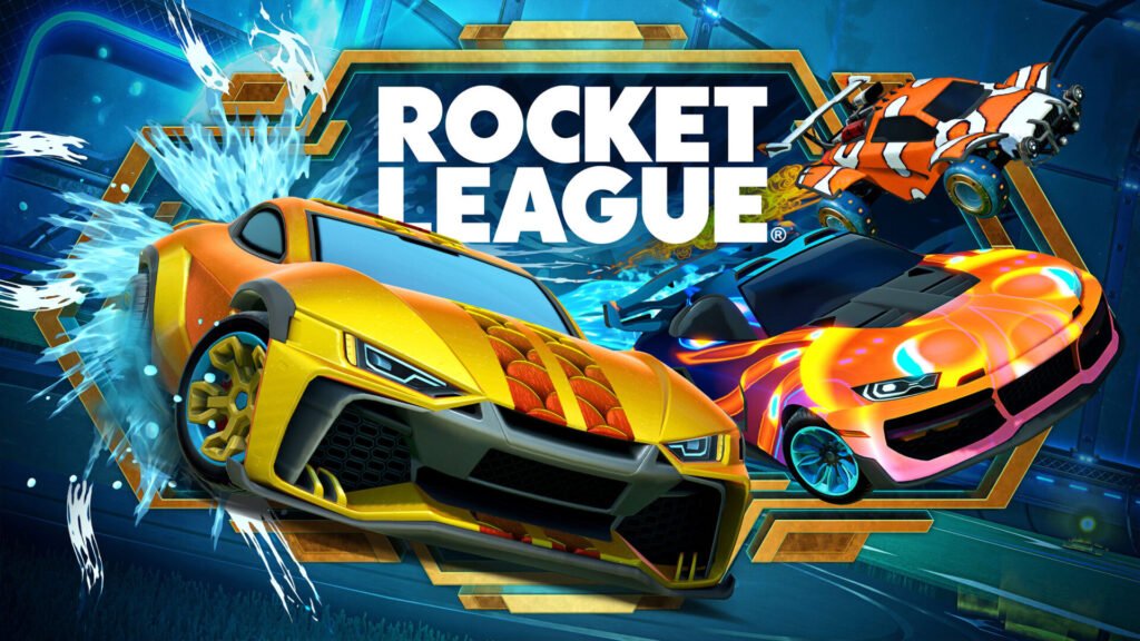 Carros acrobáticos jogando futebol em Rocket League, um jogo esportivo gratuito para PC.