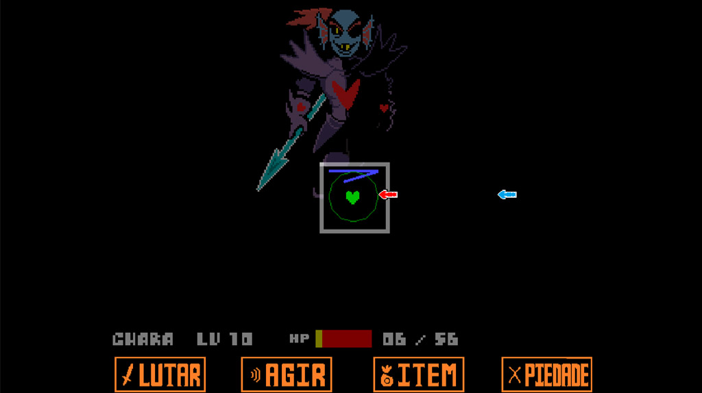 Batalha contra Undyne em Undertale, mostrando a mecânica única do combate.