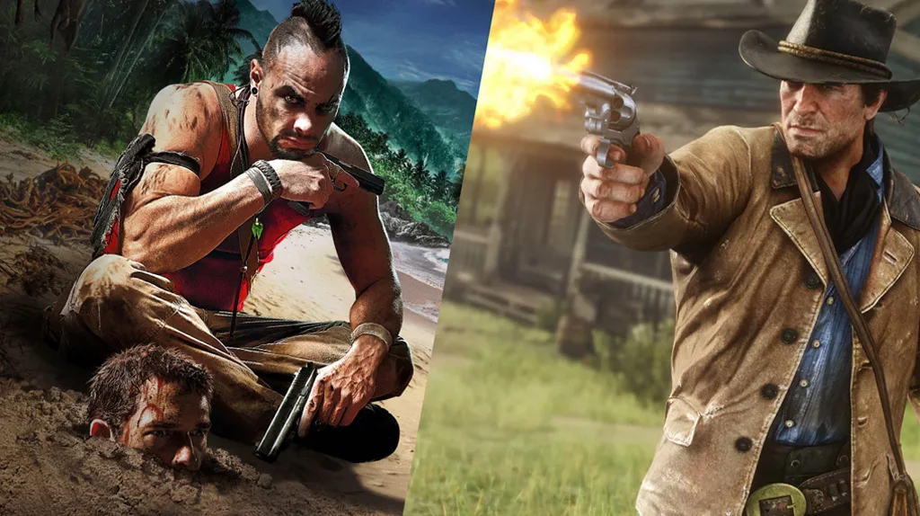 Protagonistas icônicos de Red Dead Redemption 2 e Far Cry 3 se unem em um cenário de ação intensa, representando a liberdade e emoção dos jogos de mundo aberto, onde cada escolha molda a aventura.