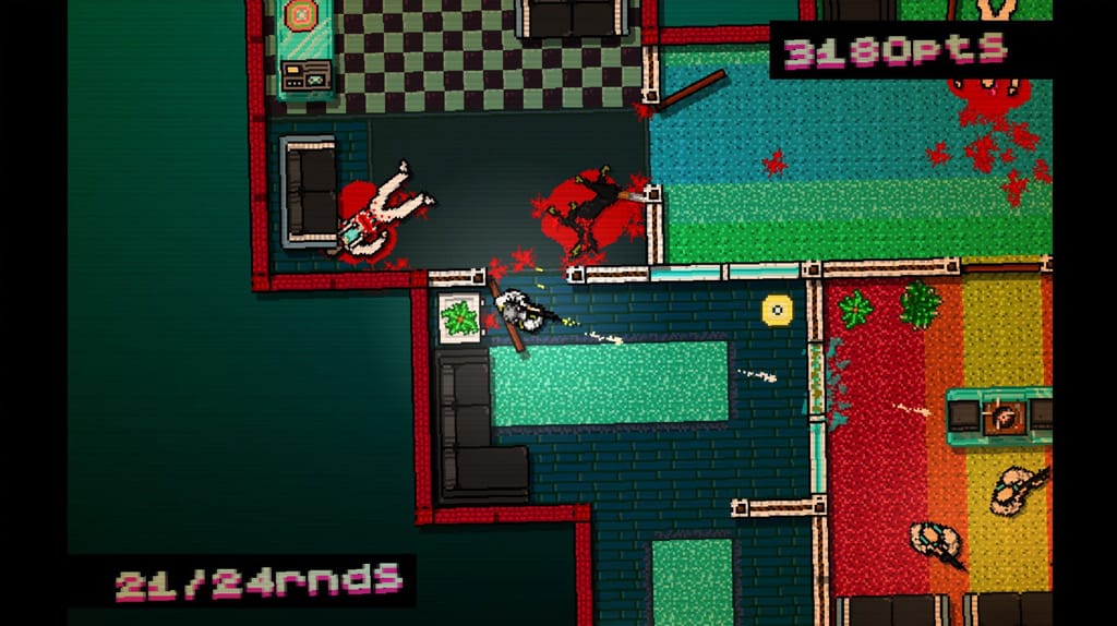 Uma cena de Hotline Miami - Ação brutal e frenética em um dos melhores jogos offline para PC fraco!